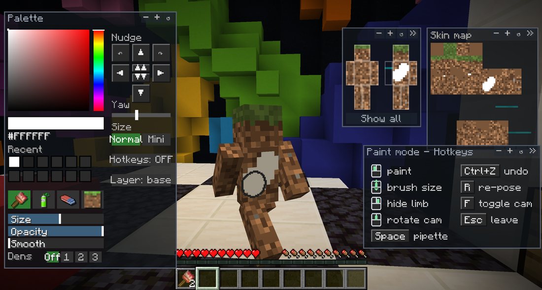 Paint mode: colour picker, tools and the skin map around a frozen player