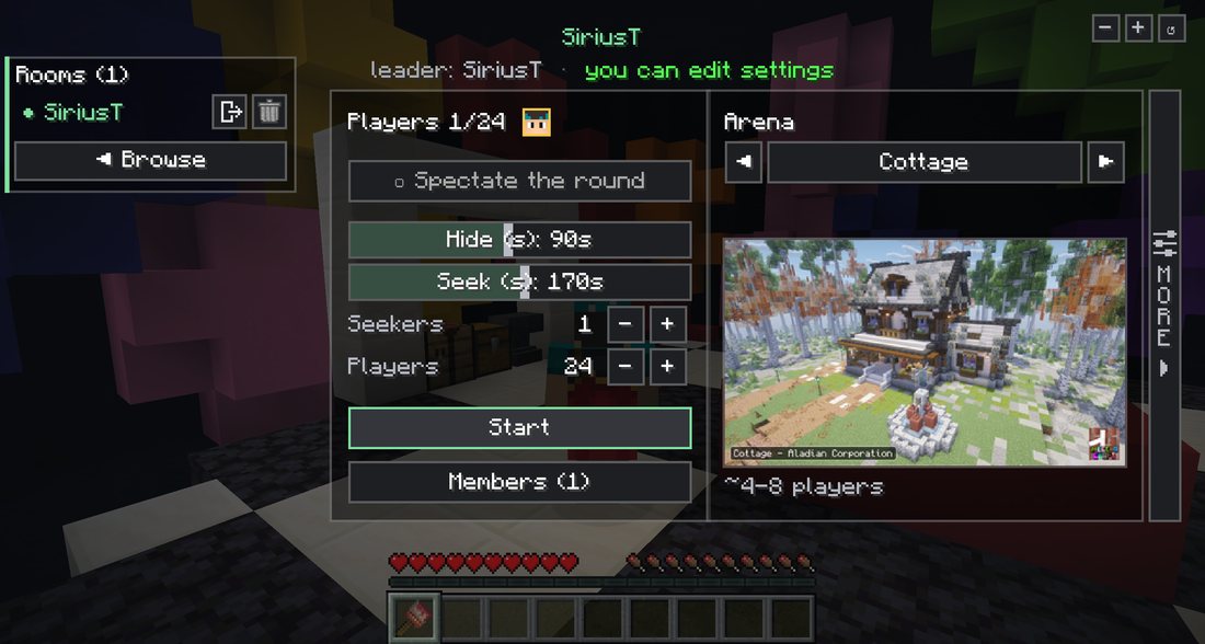 The room panel: map preview, round settings and the info panel in the corner